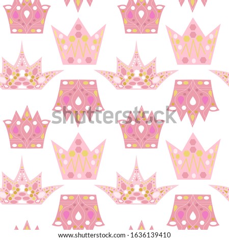 seamless pattern with colored crowns for princess. Beautiful vector illustration for wrapping paper for girl and dolls. Pink and gold colors. Children's education concept. 