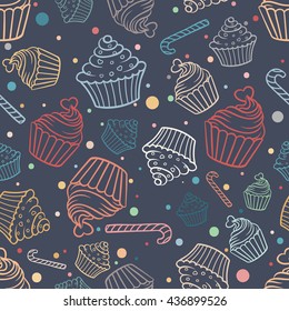 Seamless pattern with colored cupcakes on a dark background.
Seamless pattern can be used for wallpaper, pattern fills, web page background, surface textures.