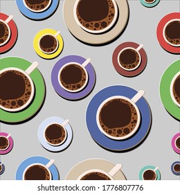 Seamless pattern with colored cups of coffee. Vector Illustration. Flat Style. Decorative Background