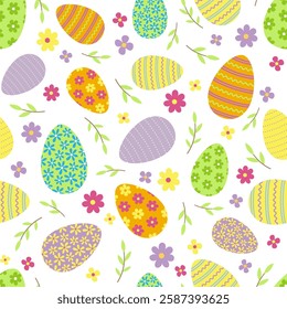 Seamless pattern with colored decorated eggs Holiday background Happy Easter vector illustration Design for web wrapping wallpaper cover textile print