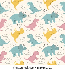 seamless pattern with colored dinosaurs on white background