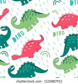 Seamless pattern of colored dinosaurs. Dinosaurs walking in a clearing. For the design of children's clothes, fabrics, cards and books, for comics