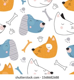 Seamless pattern with colored dogs. Vector illustration for printing on fabric, clothing, tableware, packaging paper, food. Cute baby background.