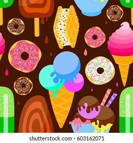  Seamless pattern with colored donuts and ice cream on chocolate  background, vector design for web, site, advertising, banner, poster, board and print.