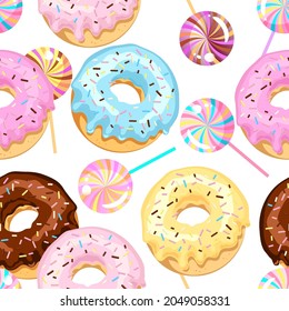 Seamless pattern of colored donuts with sugar glaze and chocolate with multi-colored candy. Vector illustration isolated on white background.