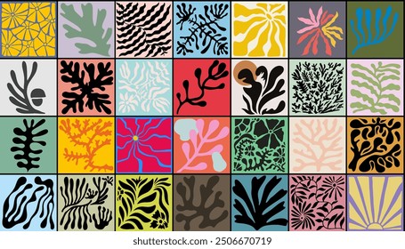 Seamless pattern with colored doodle big set abstract flowers, leaves. Matisse floral. Trendy tropical background. Hand drawn vector. Boho, beach, jungle. Template for t-shirts, poster, banner.