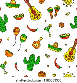 Seamless pattern with colored doodle Cinco de mayo icons.