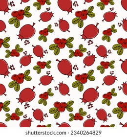 nahtlose Muster farbige Doodle-Früchte Cranberry und Granatapfelat auf Weiß - Sommer- und Herbsthintergrund, Vektorgrafik. Für Verpackungen, Textilien, Wallpaper, Webdesign