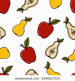 seamless pattern colored doodle fruits apples and pears on white - summer and autumn background, vector illustration. For packaging, textiles, wallpapers, web design