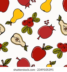 seamless pattern colored doodle fruits apples, pears, pomegranates and cranberries on white - autumn background, vector illustration. For packaging, textiles, wallpapers, web design
