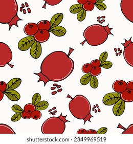 arándanos de doodle de color inoxidable y granada en blanco - verano y otoño de fondo, ilustración vectorial. Para embalajes, textiles, papel pintado, diseño web