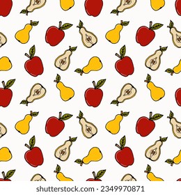 seamless pattern colored doodle fruits apples and pears on white - summer and autumn background, vector illustration. For packaging, textiles, wallpapers, web design