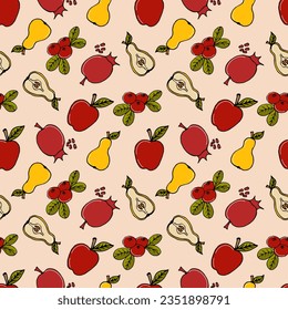 peras, peras, granadas y arándanos de color doodle sin costura en color rosa claro - fondo otoño, ilustración vectorial. Para embalajes, textiles, papel pintado, diseño web
