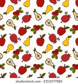 seamless pattern colored doodle fruits apples, pears, pomegranates and cranberries on white - autumn background, vector illustration. For packaging, textiles, wallpapers, web design