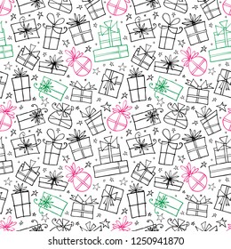 Seamless pattern with colored doodle gift boxes on white background. Can be used for wallpaper, pattern fills, textile, web page background, surface textures