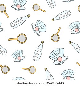Seamless pattern with colored doodle loupe, pearl and letter in bottle.