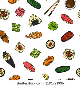 Seamless pattern with colored doodle sushi and rolls.