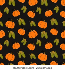 seamless pattern colored doodle vegetables pumpkins and corn on black - autumn background, vector illustration. For packaging, textiles, wallpapers, web design