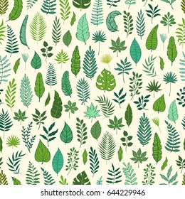 Seamless pattern with colored doodles and sketches of tropical leaves and flowers. Palm leaf, hibiscus. orchid, plumeria. 