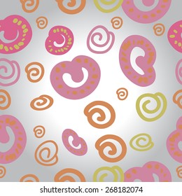 Seamless pattern of colored doodles, spirals, spots. Hand drawn.