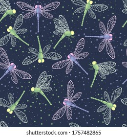 Seamless pattern with colored dragonflies animal insect world flat vector illustration on blue background