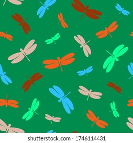 Seamless pattern with colored dragonflies. Colorful elements on a green background. Stock vector illustration. Great, creative idea for modern designs backdrops, cards, textiles, packings, fabric.