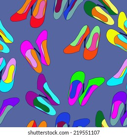 Seamless pattern of colored dress shoes on a pale blue background. Handmade.