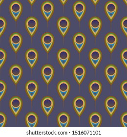 Seamless pattern of colored drops similar to feathers on a dark gray background.