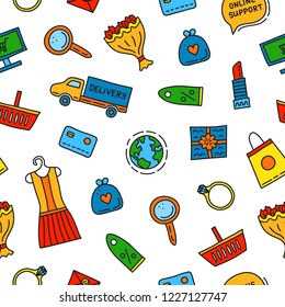 Seamless pattern with colored e-commerce shopping doodles.