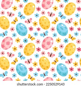 Seamless pattern of colored eggs and flowers. Easter wrapping paper.