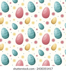 Seamless pattern with colored eggs and flowers. Easter holiday design. Pastel colors, vector illustration.