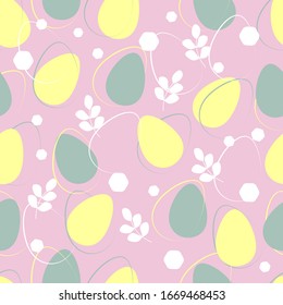 Seamless pattern with colored eggs, lines, leaves on pink background. Decor for easter wrapping, scrapbooking paper, textile, napkins. Fabric for traditional christian, catholic holiday. Spring colors