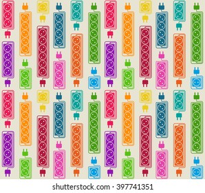 Seamless pattern of colored electrical extension cords. Electric power strip in modern flat style. Suitable for packaging design of electrical products, website design, advertising catalogs. Vector