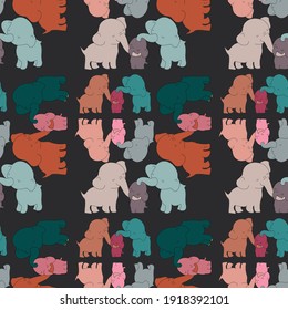seamless pattern of colored elephants on a dark background. Abstraction. Childrens illustration