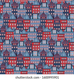 seamless pattern with colored european houses .Vector pattern. Good for wallpaper, textile or packaging. National flag colors