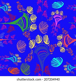 Seamless pattern of colored fantastic plants with buds, leaves, ellipses on a blue background.