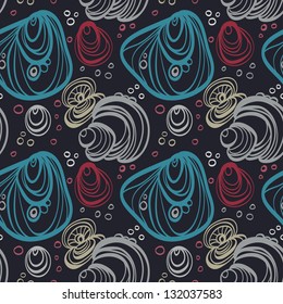 Seamless pattern with colored fantasy sea shells and bubbles on a dark background- vector