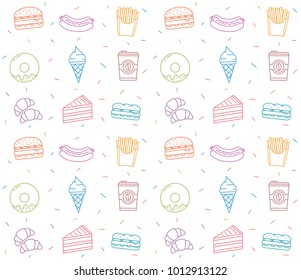 Seamless pattern with colored fast food line icons, vector eps10 illustration