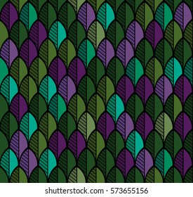 Seamless pattern. Colored feathers with black outline. Vector background.