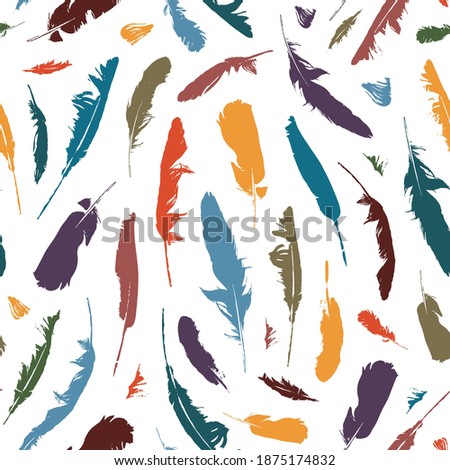 Seamless pattern with colored feathers on a light backdrop. Vector repeating background with bird plumes. Suitable for wallpaper, wrapping paper, fabric, textile