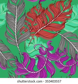 seamless pattern of colored feathers swirling in the air