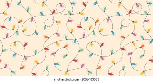 Seamless pattern of colored festive garlands on a white background. Symbols Christmas and Happy New Year, retro style vector illustration.