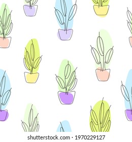 seamless pattern with colored ficus plants in a pot. vector illustration in the style of line art.