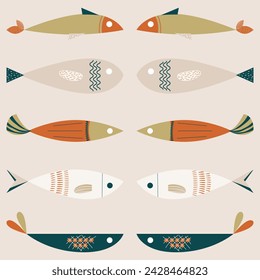 Seamless pattern of colored fish that swim in one direction. Fish, sea, ocean. Textiles, wallpaper, wrapping paper. Hand-drawn. Vector illustration.