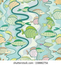 seamless pattern of a colored fishes on a blue background
