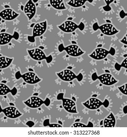 Seamless   pattern of colored fishes, spots, ellipses, doodles. Hand drawn. 