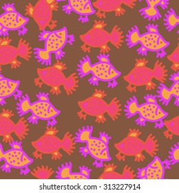 Seamless   pattern of colored fishes, spots, ellipses, doodles. Hand drawn. 