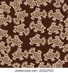 Seamless   pattern of colored fishes, spots, ellipses, doodles. Hand drawn. 