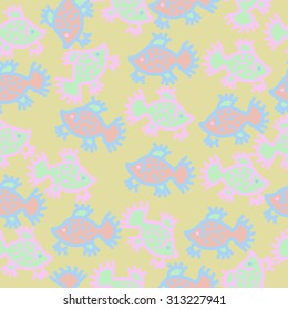 Seamless   pattern of colored fishes, spots, ellipses, doodles. Hand drawn. 