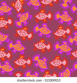 Seamless   pattern of colored fishes, spots, ellipses, doodles. Hand drawn. 